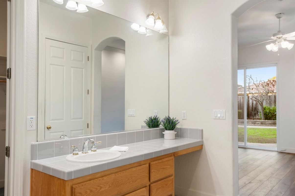 Bathroom, Interior, Tile Countertops, Wood Texture Flooring