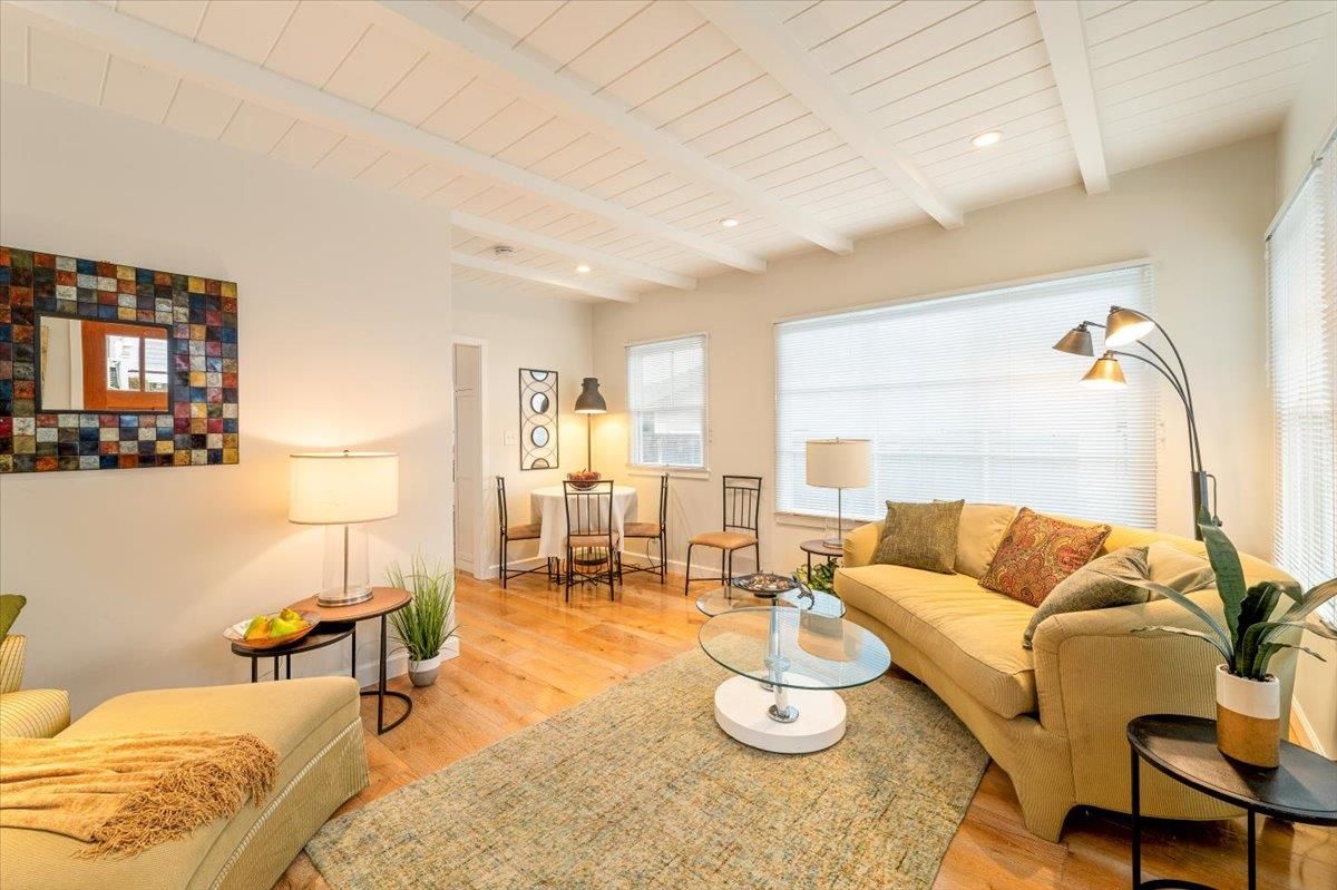 Dining room, Interior, Living room, Recessed Lighting, Wood Texture Flooring