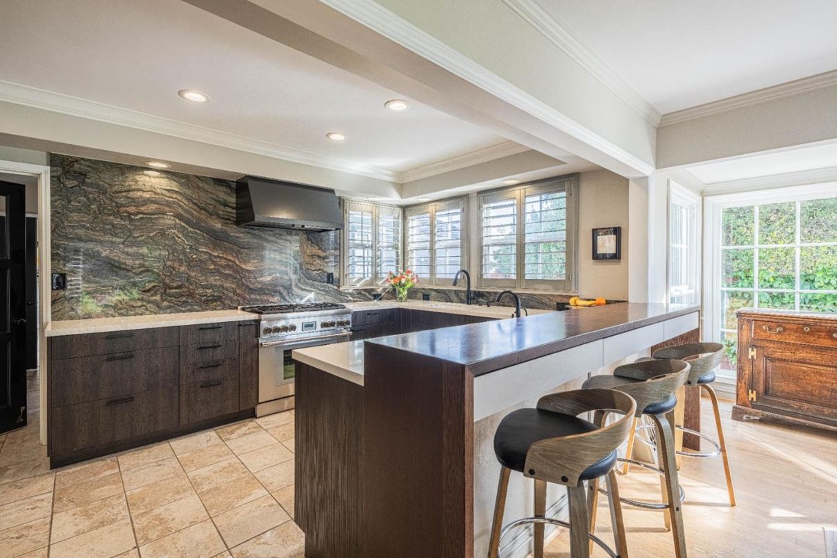 Interior, Kitchen, Marble Walls, Recessed Lighting, Stainless Steel Appliances