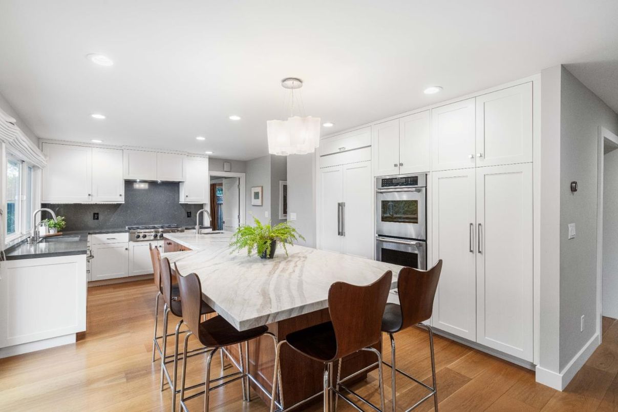 Chandelier, Interior, Kitchen, Pendant Lights, Recessed Lighting, Stainless Steel Appliances, Wood Texture Flooring