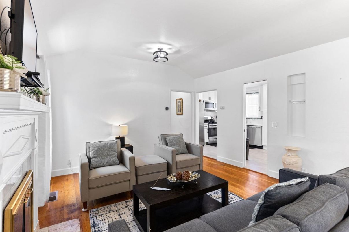 Fireplace, Interior, Kitchen, Living room, Stainless Steel Appliances, Wood Texture Flooring