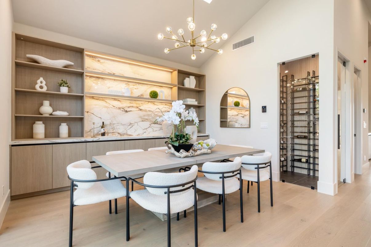 Dining room, Interior, Pendant Lights, Wine Storage, Wood Texture Flooring