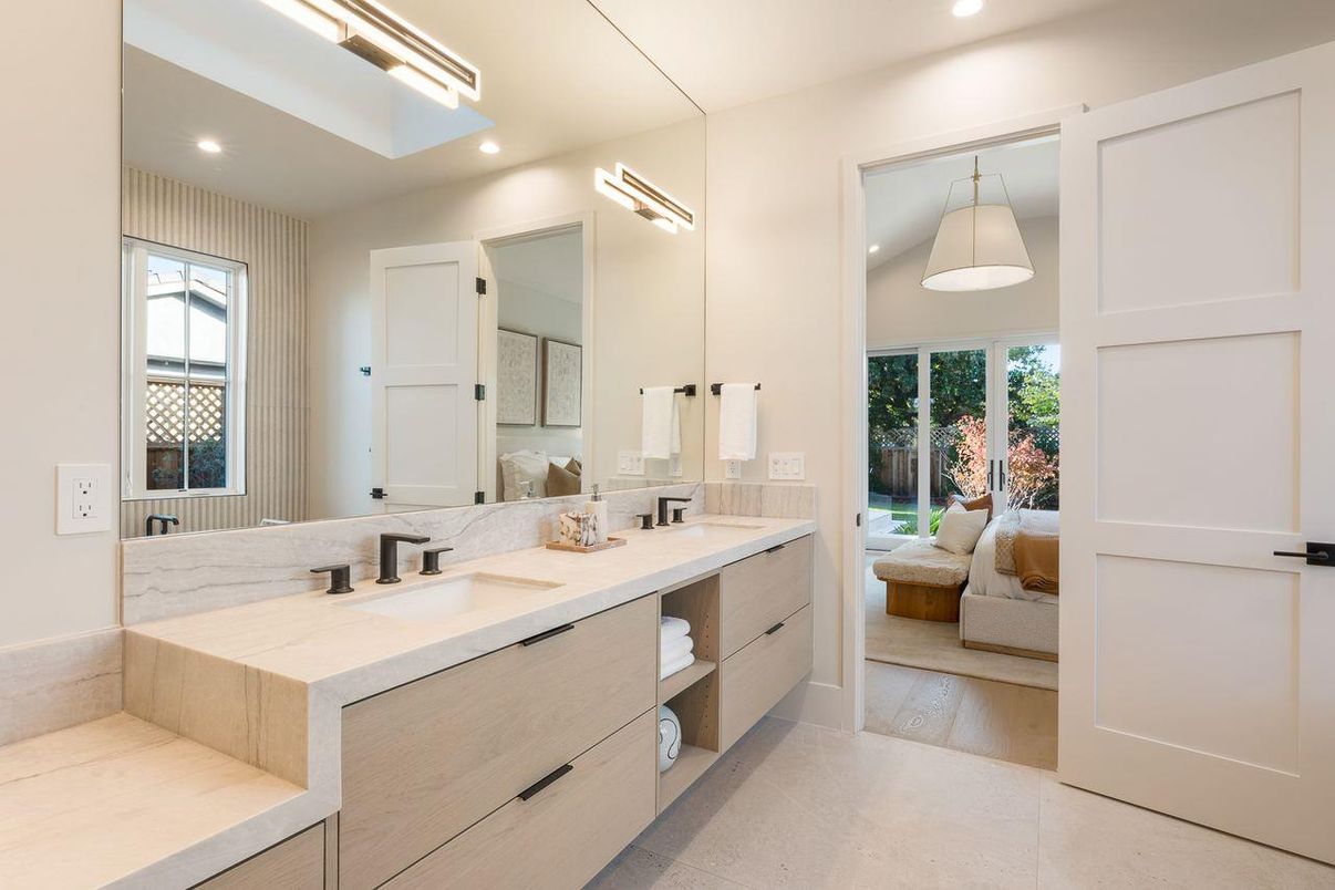 Bathroom, Dual Sink Vanities, Interior, Pendant Lights, Recessed Lighting, Wood Texture Flooring