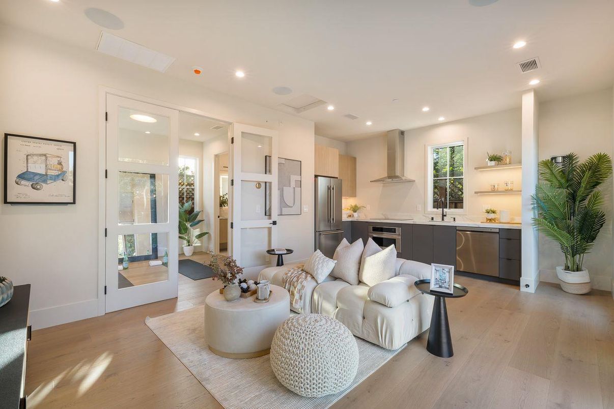 Interior, Kitchen, Living room, Recessed Lighting, Stainless Steel Appliances, Wood Texture Flooring