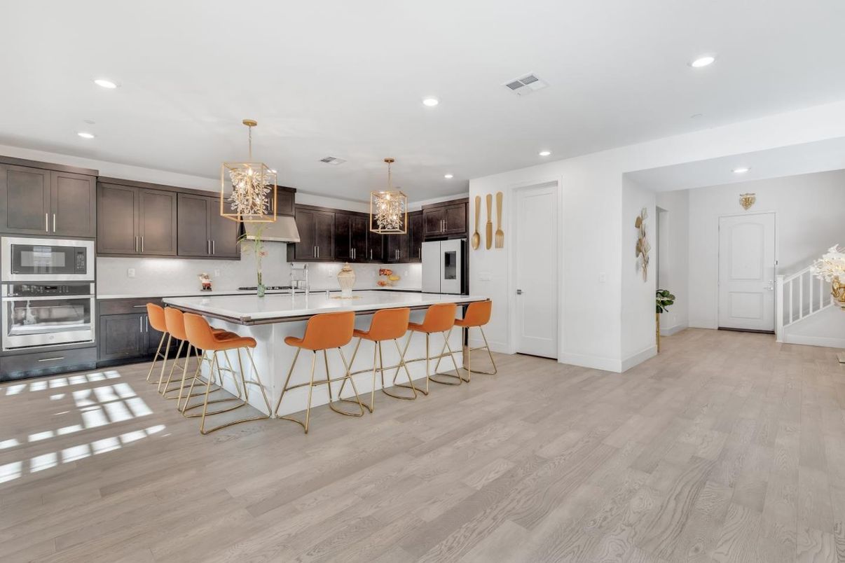 Chandelier, Interior, Kitchen, Recessed Lighting, Stainless Steel Appliances, Wood Texture Flooring