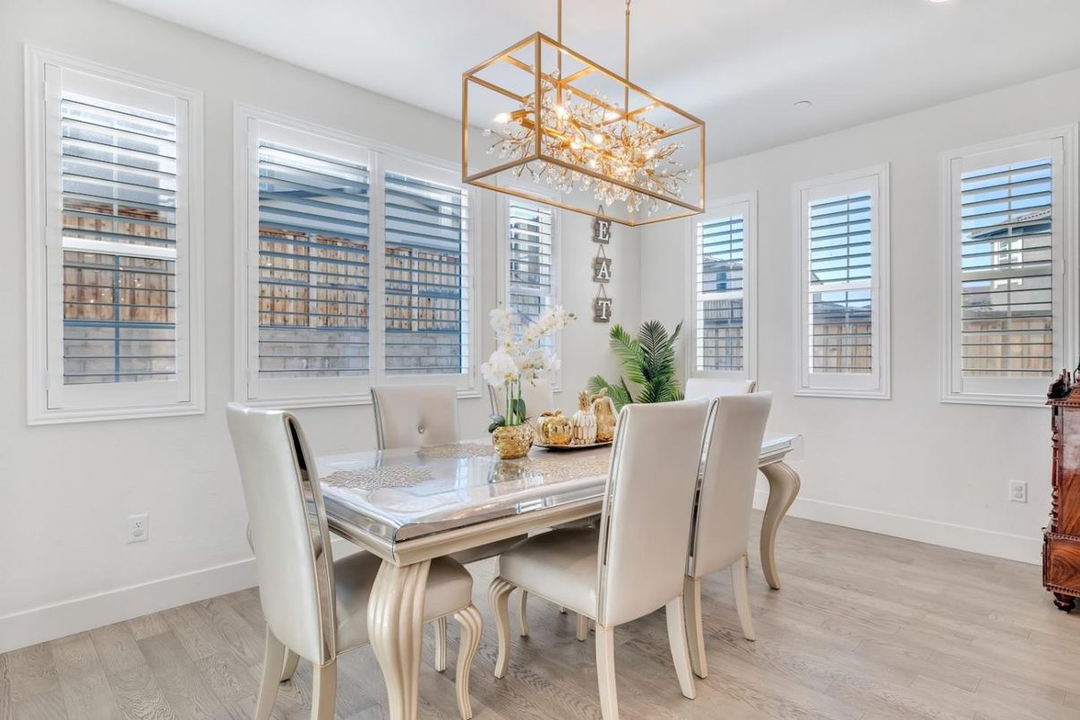Dining room, Interior, Pendant Lights, Wood Texture Flooring