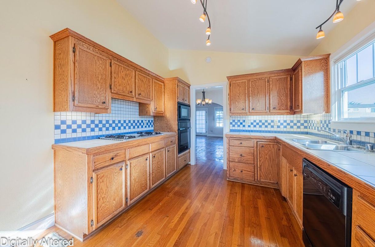 Chandelier, Interior, Kitchen, Tile Countertops, Wood Texture Flooring