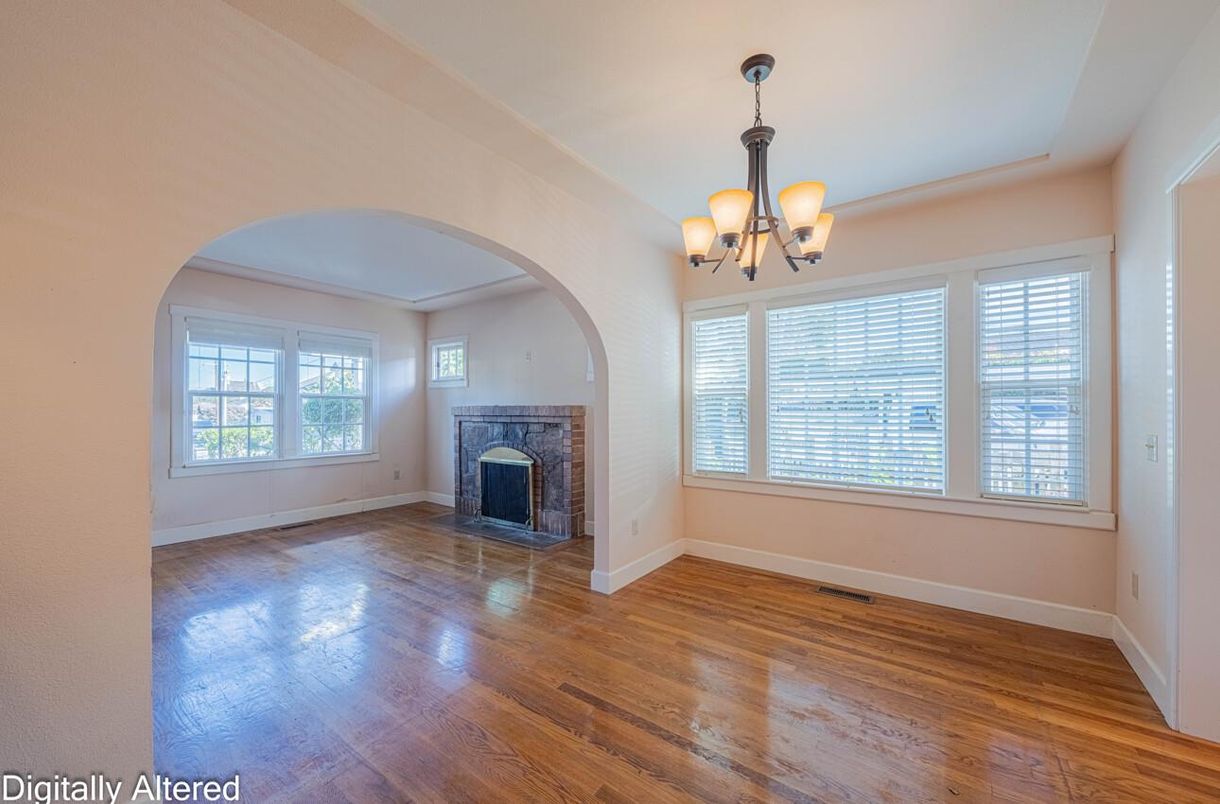 Chandelier, Empty room, Fireplace, Interior, Wood Texture Flooring