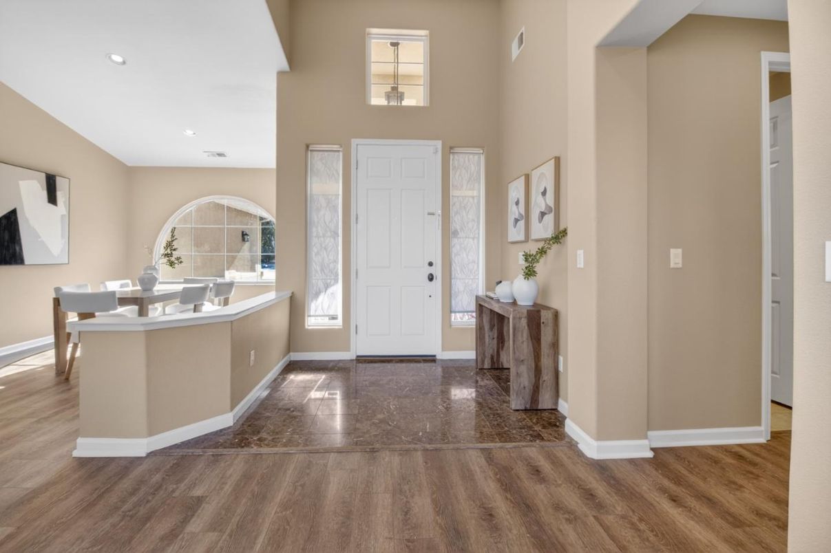 Dining room, Interior, Recessed Lighting, Wood Texture Flooring