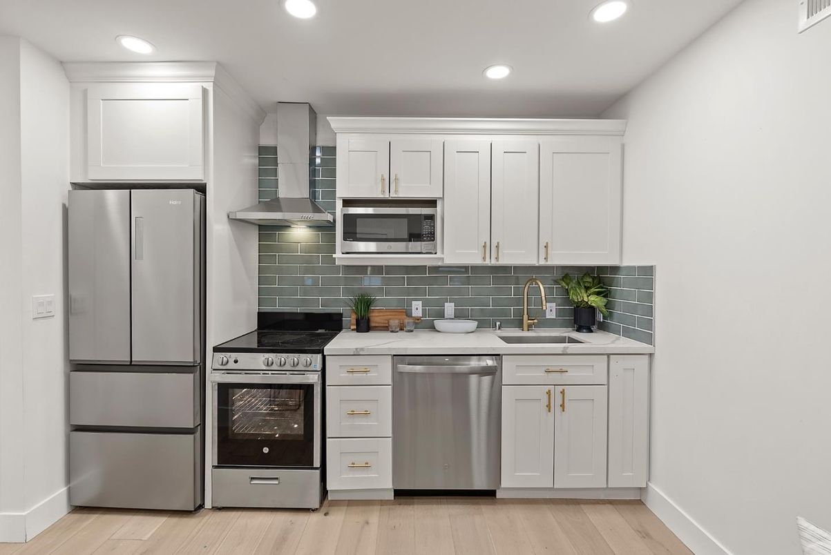 Interior, Kitchen, Recessed Lighting, Stainless Steel Appliances, Wood Texture Flooring