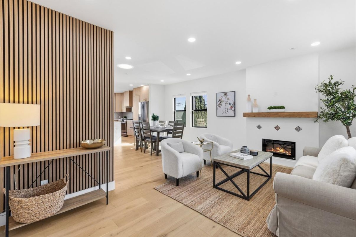 Dining room, Fireplace, Interior, Kitchen, Living room, Recessed Lighting, Wood Texture Flooring