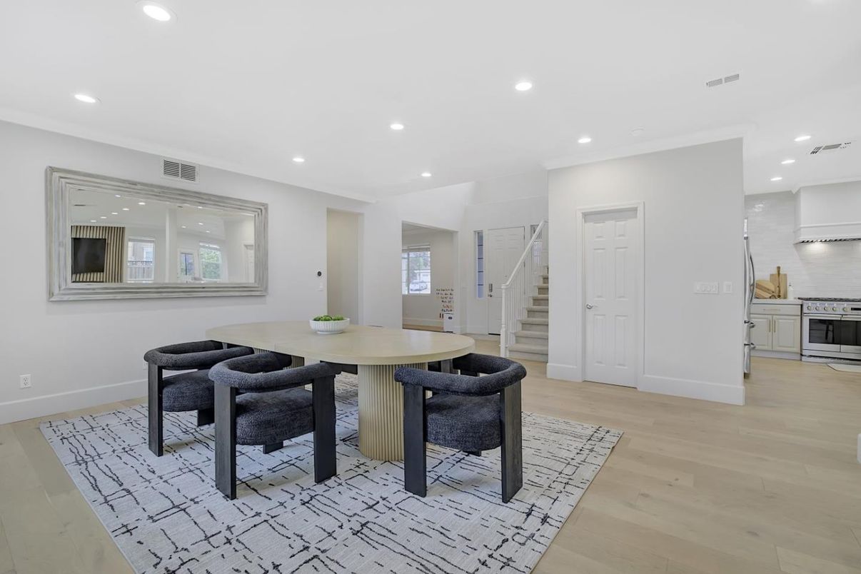 Dining room, Interior, Kitchen, Recessed Lighting, Stainless Steel Appliances, Wood Texture Flooring