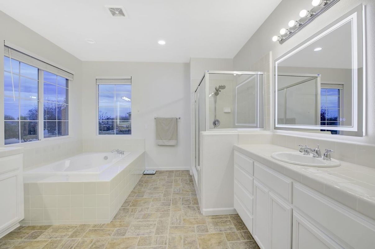 Bathroom, Glass Shower, Interior, Recessed Lighting, Tile Countertops