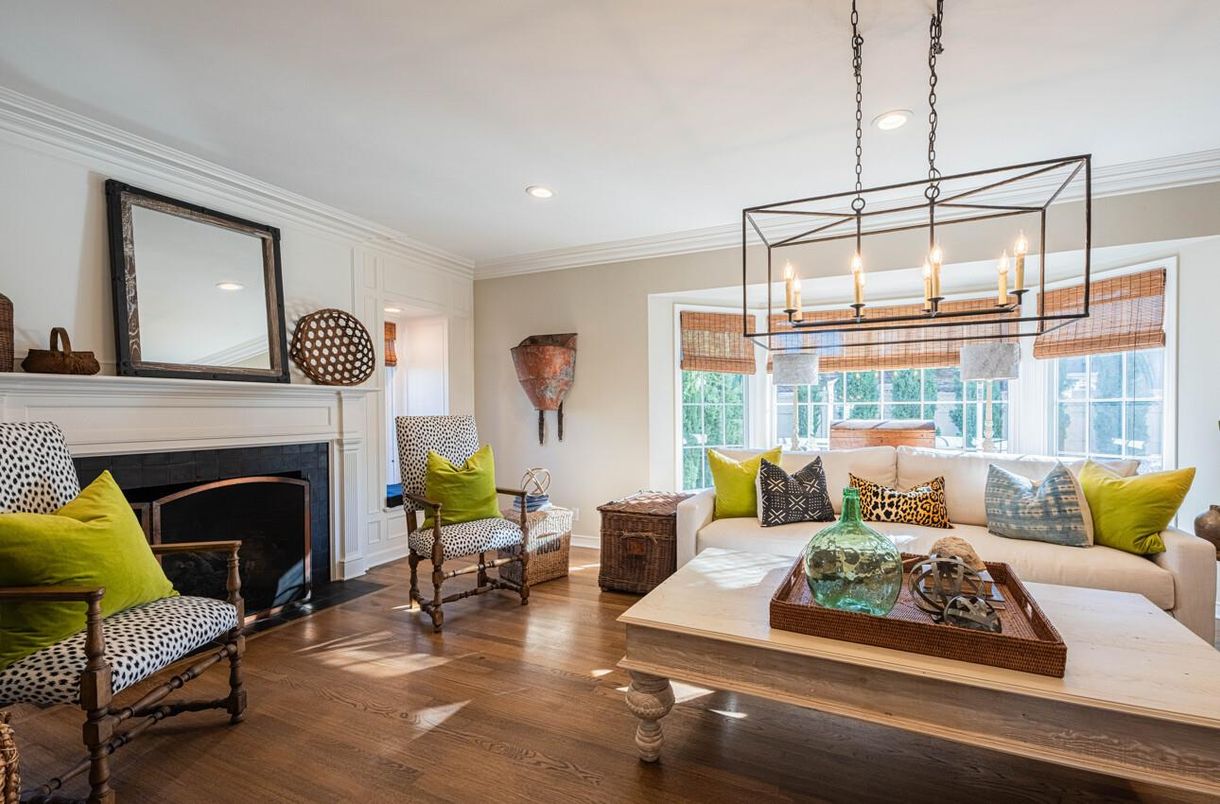 Fireplace, Interior, Living room, Pendant Lights, Recessed Lighting, Wood Texture Flooring