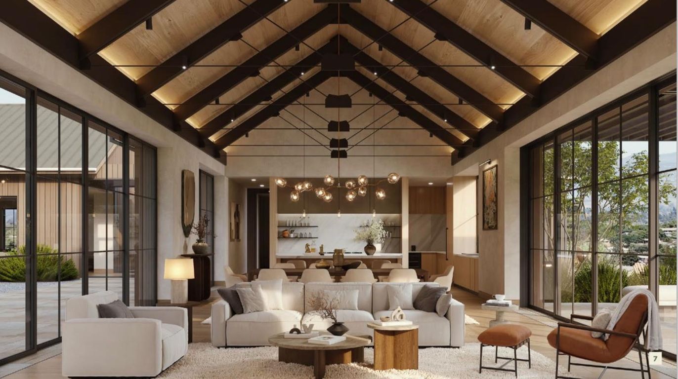 Dining room, Interior, Living room, Pendant Lights, Recessed Lighting, Wooden Beams, Wooden Ceilings