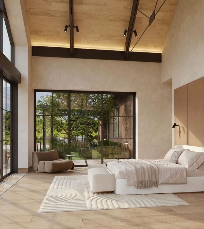 Bedroom, Fireplace, Interior, Wooden Ceilings, Wood Texture Flooring