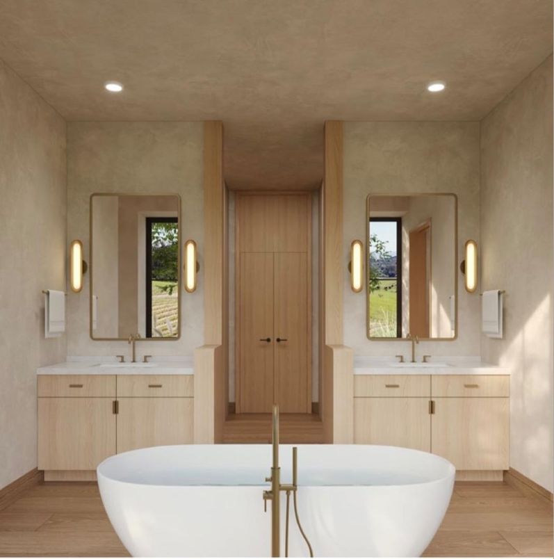 Bathroom, Dual Sink Vanities, Free Standing Baths, Interior, Recessed Lighting, Wood Texture Flooring