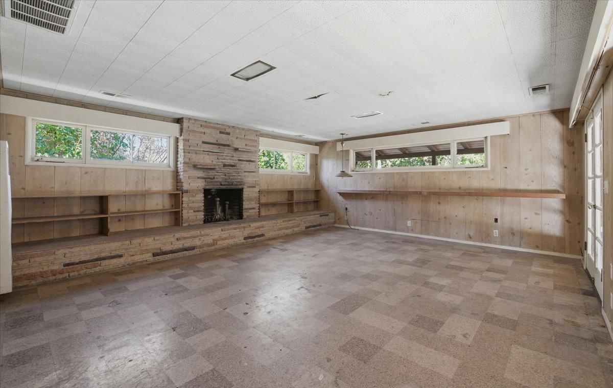 Empty room, Fireplace, Interior, Recessed Lighting, Wooden Walls