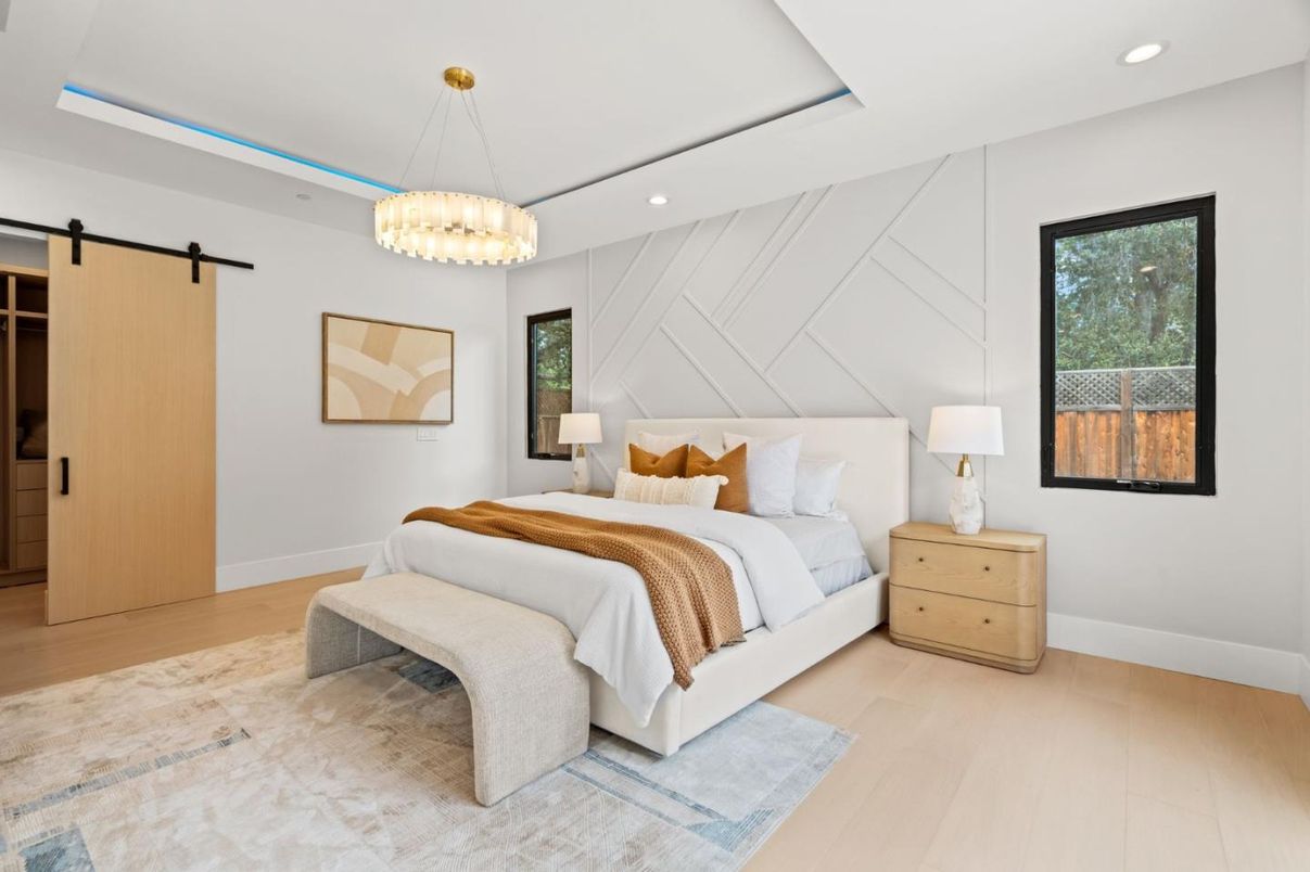 Bedroom, Interior, Pendant Lights, Recessed Lighting, Wood Texture Flooring