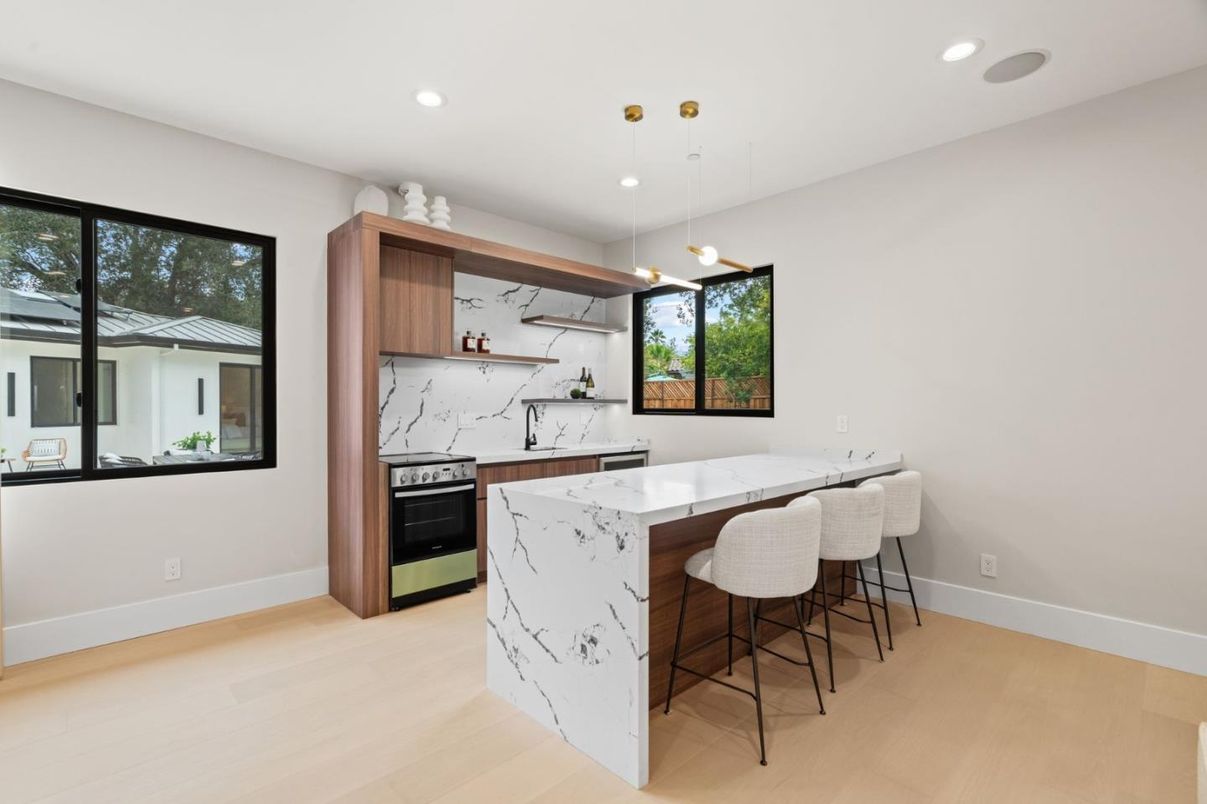 Interior, Kitchen, Marble Walls, Pendant Lights, Recessed Lighting, Wood Texture Flooring