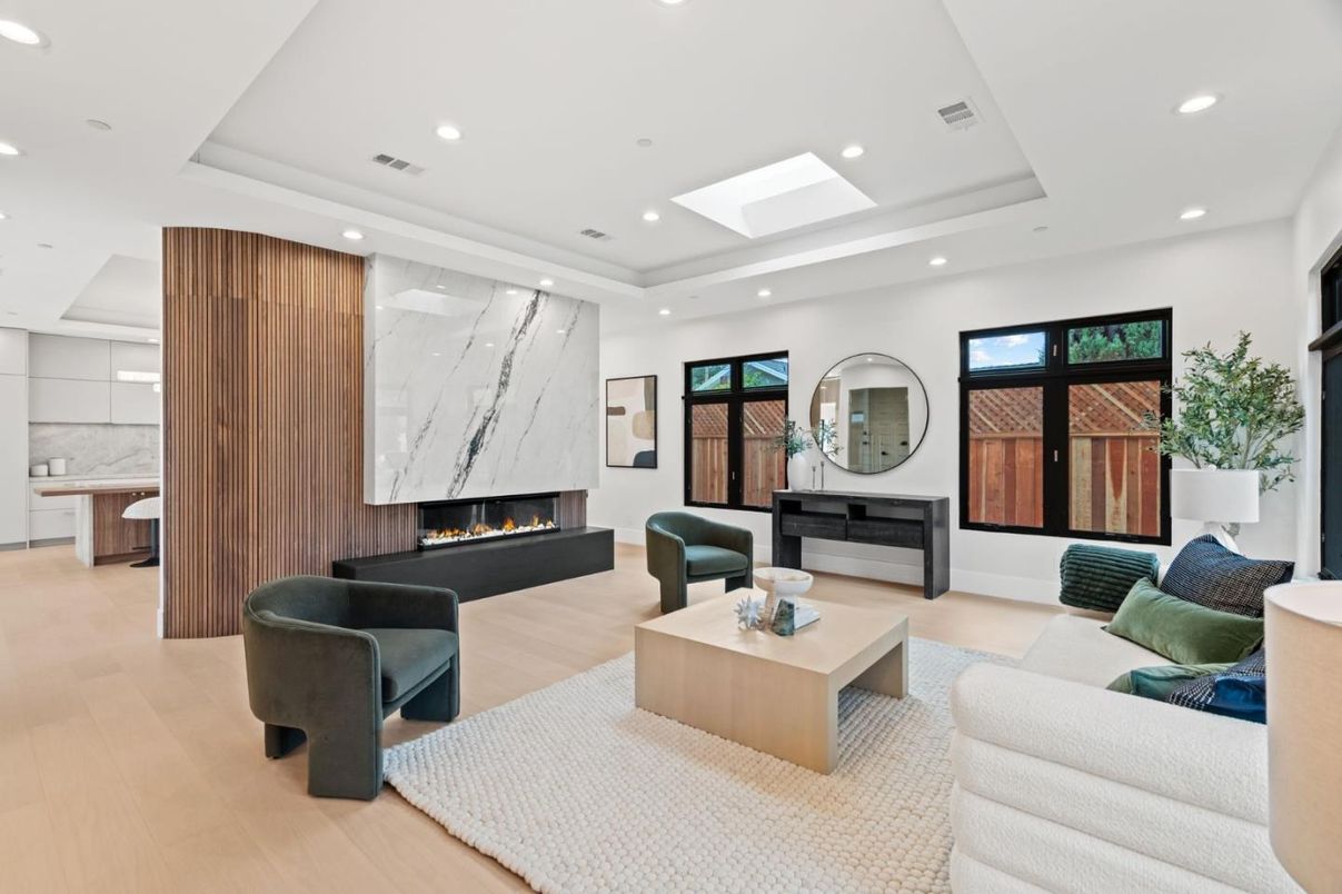 Fireplace, Interior, Living room, Marble Walls, Recessed Lighting, Wood Texture Flooring