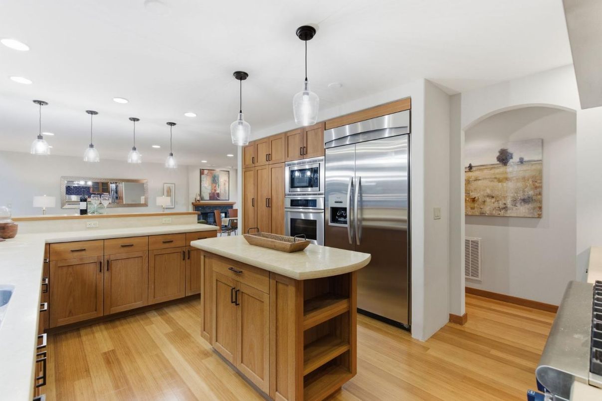 Interior, Kitchen, Pendant Lights, Recessed Lighting, Stainless Steel Appliances, Wood Texture Flooring