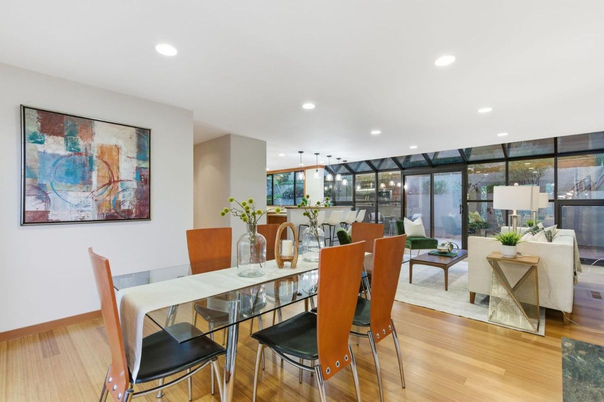 Dining room, Interior, Living room, Pendant Lights, Recessed Lighting, Wood Texture Flooring