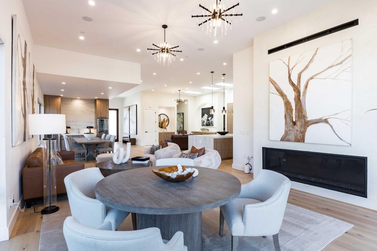 Dining room, Fireplace, Interior, Kitchen, Living room, Pendant Lights, Recessed Lighting, Wood Texture Flooring