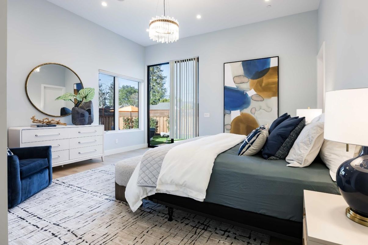 Bedroom, Interior, Pendant Lights, Recessed Lighting, Wood Texture Flooring
