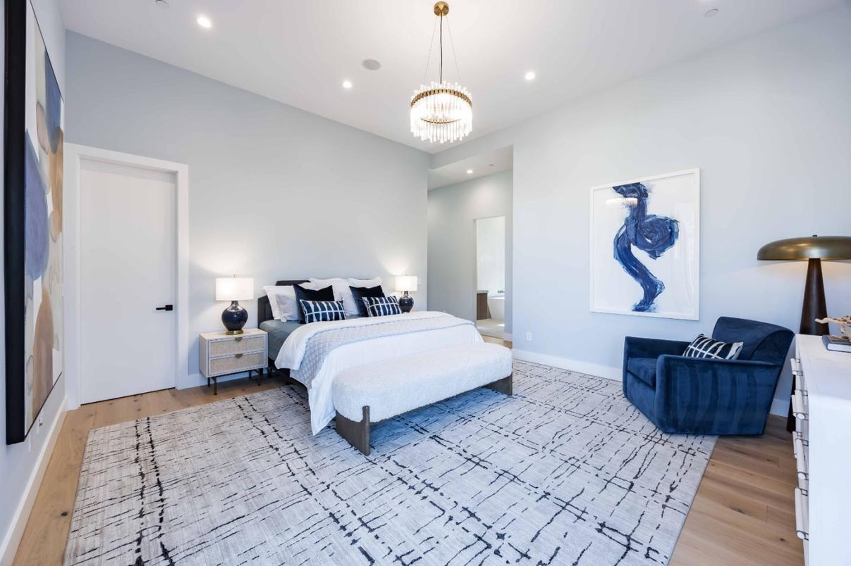 Bedroom, Chandelier, Interior, Pendant Lights, Recessed Lighting, Wood Texture Flooring