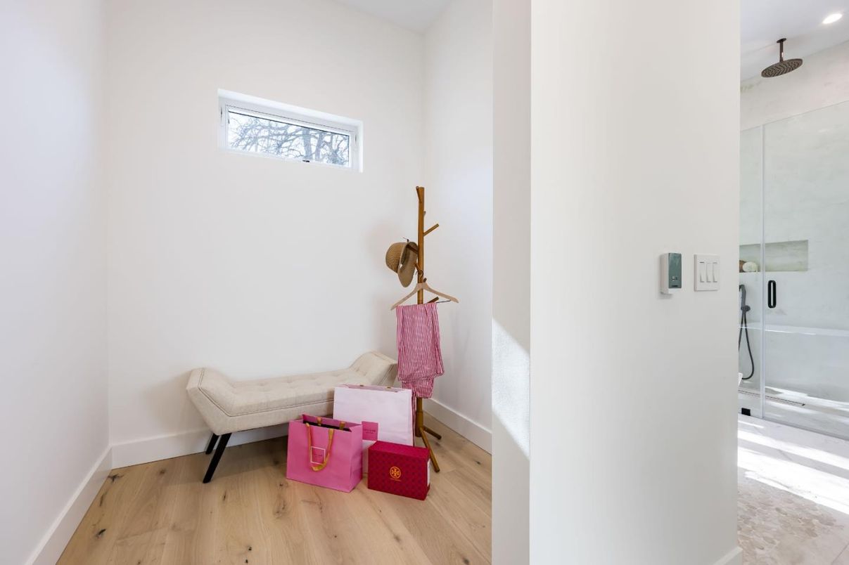 Bathroom, Glass Shower, Interior, Recessed Lighting, Wood Texture Flooring