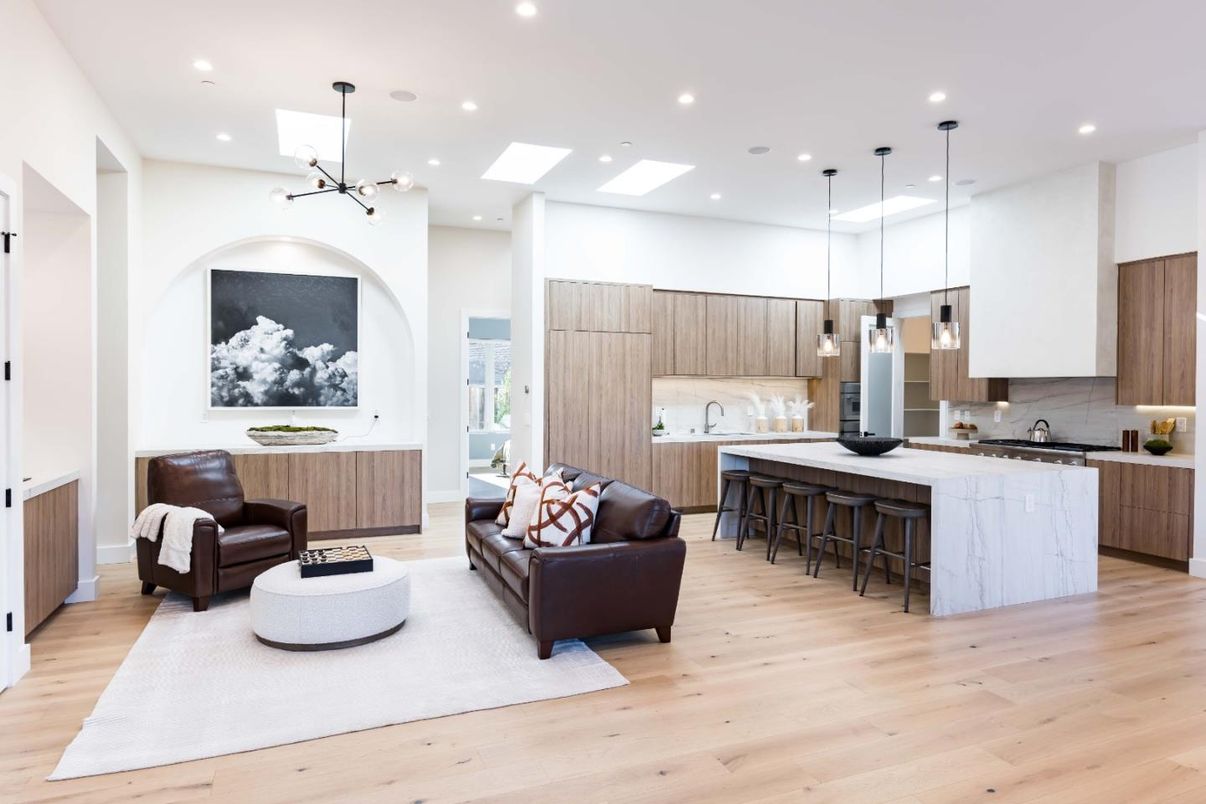 Interior, Kitchen, Living room, Pendant Lights, Recessed Lighting, Wood Texture Flooring