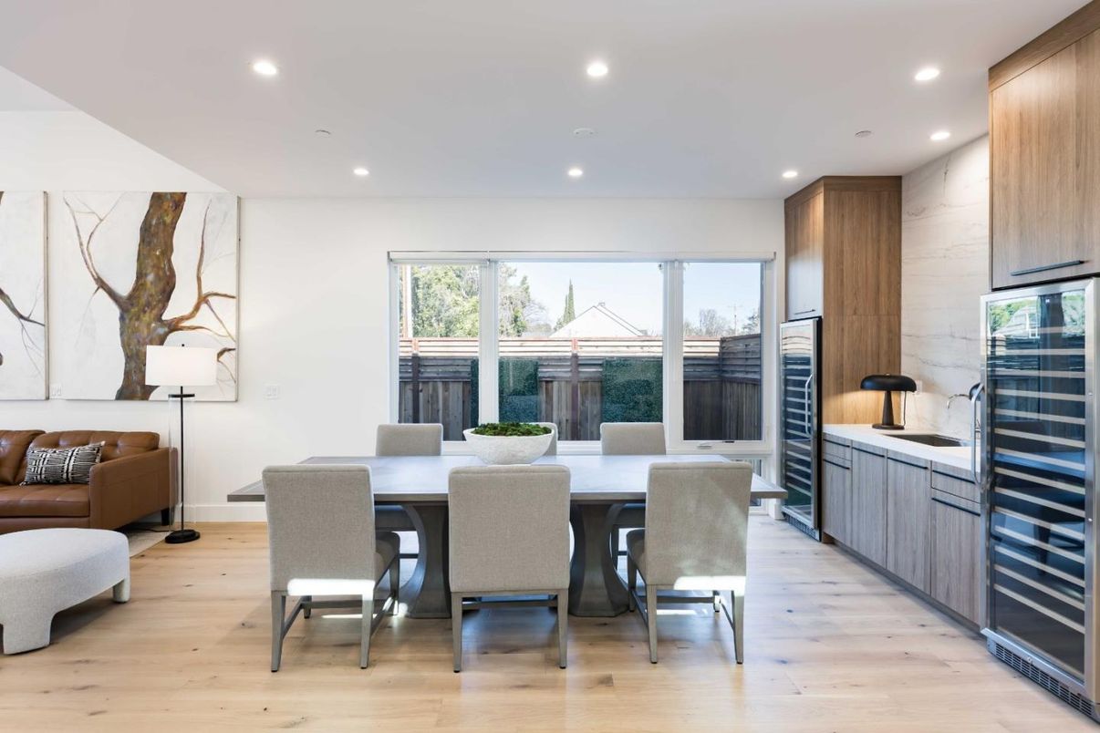 Dining room, Interior, Recessed Lighting, Wood Texture Flooring