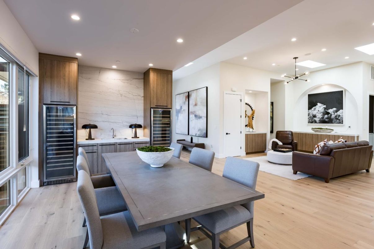 Dining room, Interior, Living room, Marble Walls, Pendant Lights, Recessed Lighting, Wood Texture Flooring