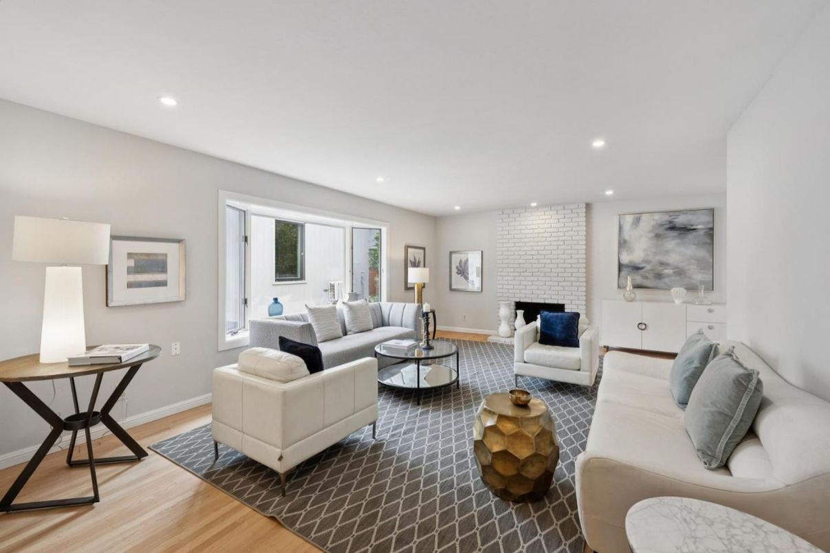 Interior, Living room, Recessed Lighting, Stone Walls, Wood Texture Flooring