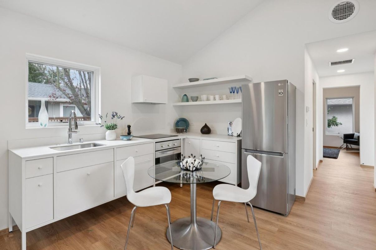 Interior, Kitchen, Recessed Lighting, Stainless Steel Appliances, Wood Texture Flooring