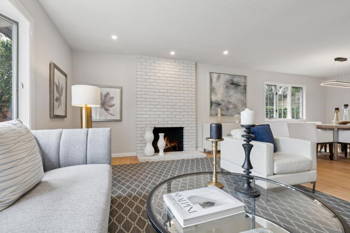 Dining room, Fireplace, Interior, Pendant Lights, Recessed Lighting, Stone Walls, Wood Texture Flooring