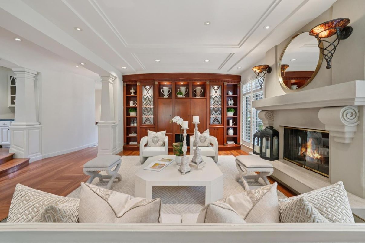 Fireplace, Interior, Living room, Recessed Lighting, Wood Texture Flooring