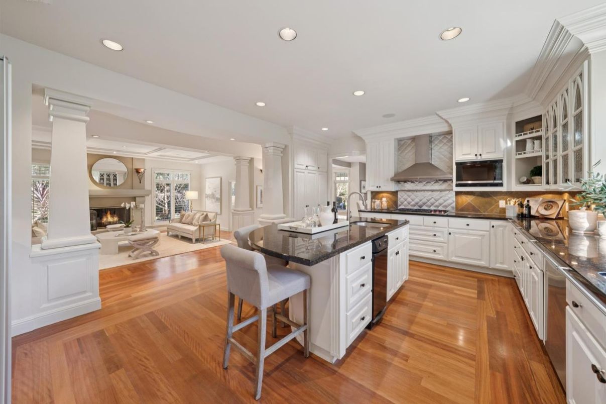 Fireplace, Interior, Kitchen, Living room, Recessed Lighting, Stainless Steel Appliances, Wood Texture Flooring