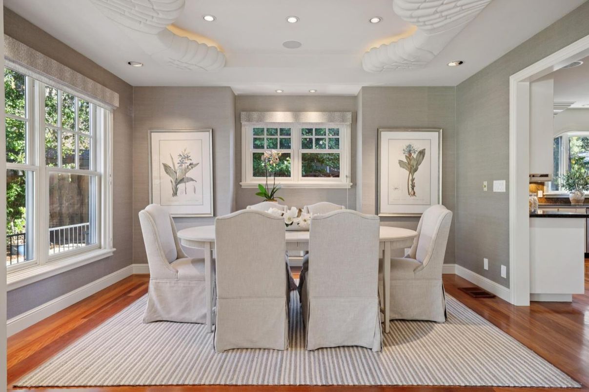 Dining room, Interior, Recessed Lighting, Wood Texture Flooring