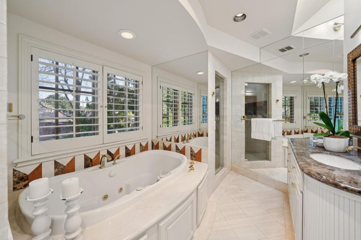 Bathroom, Fireplace, Glass Shower, Interior, Recessed Lighting