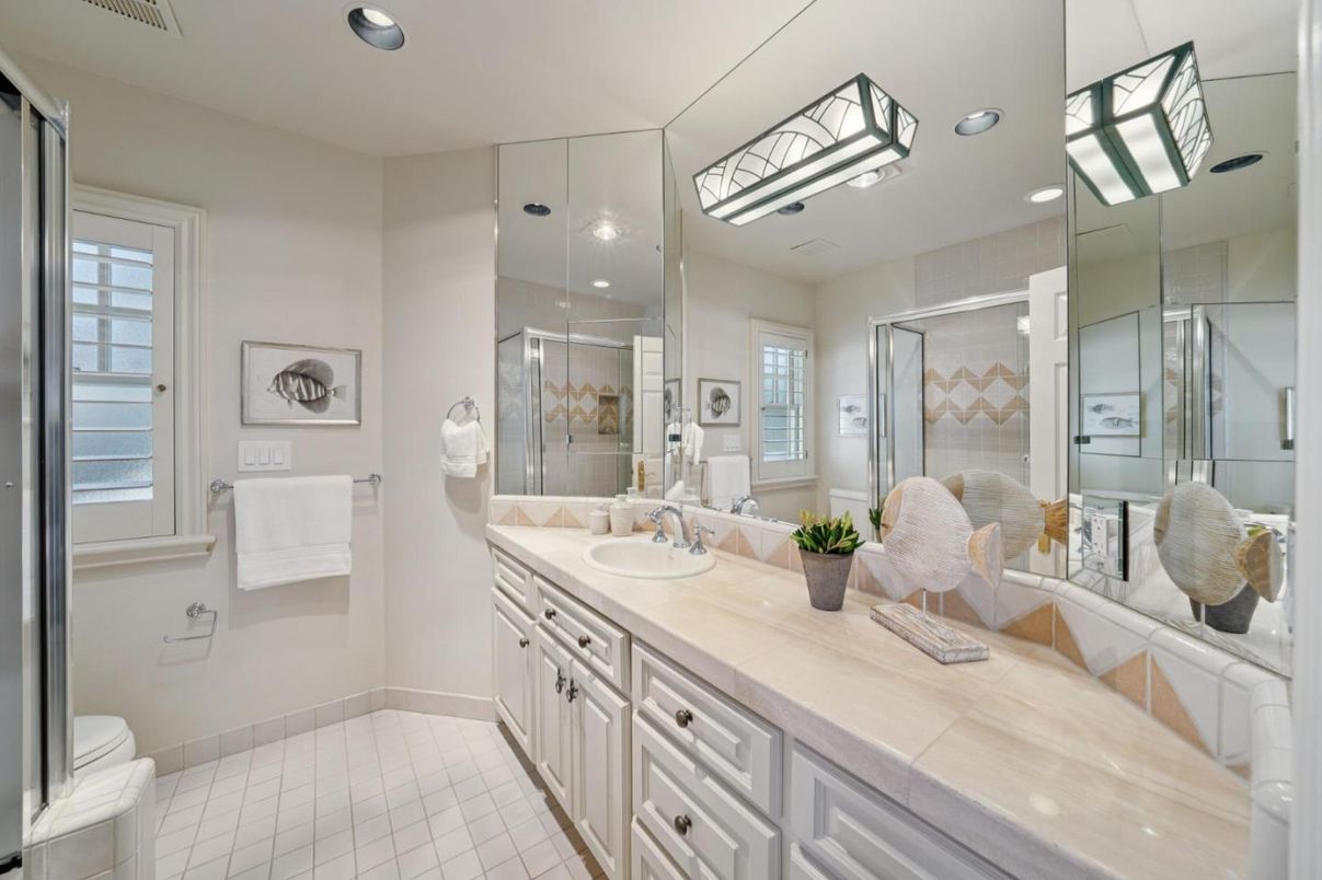 Bathroom, Dual Sink Vanities, Glass Shower, Interior, Recessed Lighting, Tile Countertops