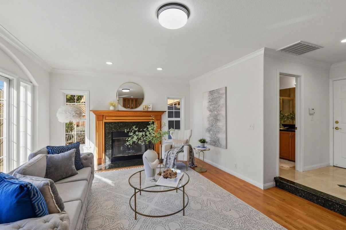 Fireplace, Interior, Living room, Recessed Lighting, Wood Texture Flooring