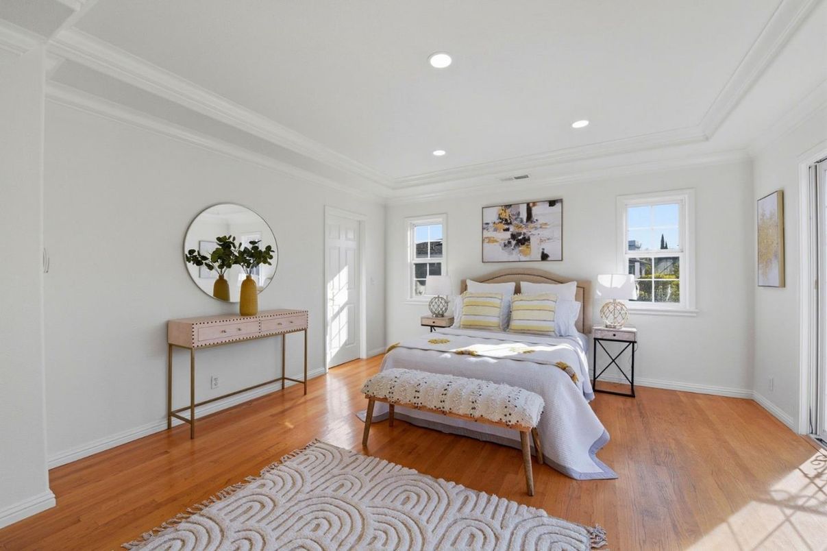 Bedroom, Interior, Recessed Lighting, Wood Texture Flooring