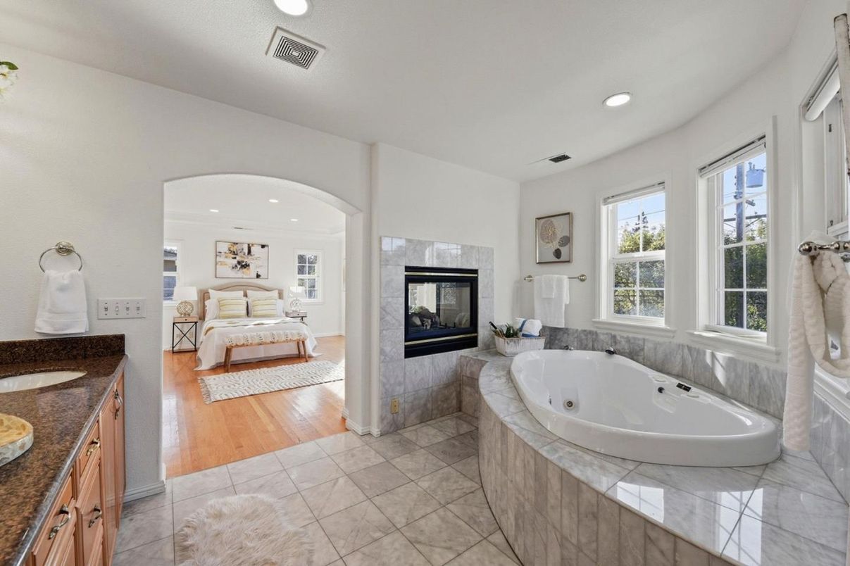 Bathroom, Bedroom, Fireplace, Interior, Recessed Lighting, Wood Texture Flooring