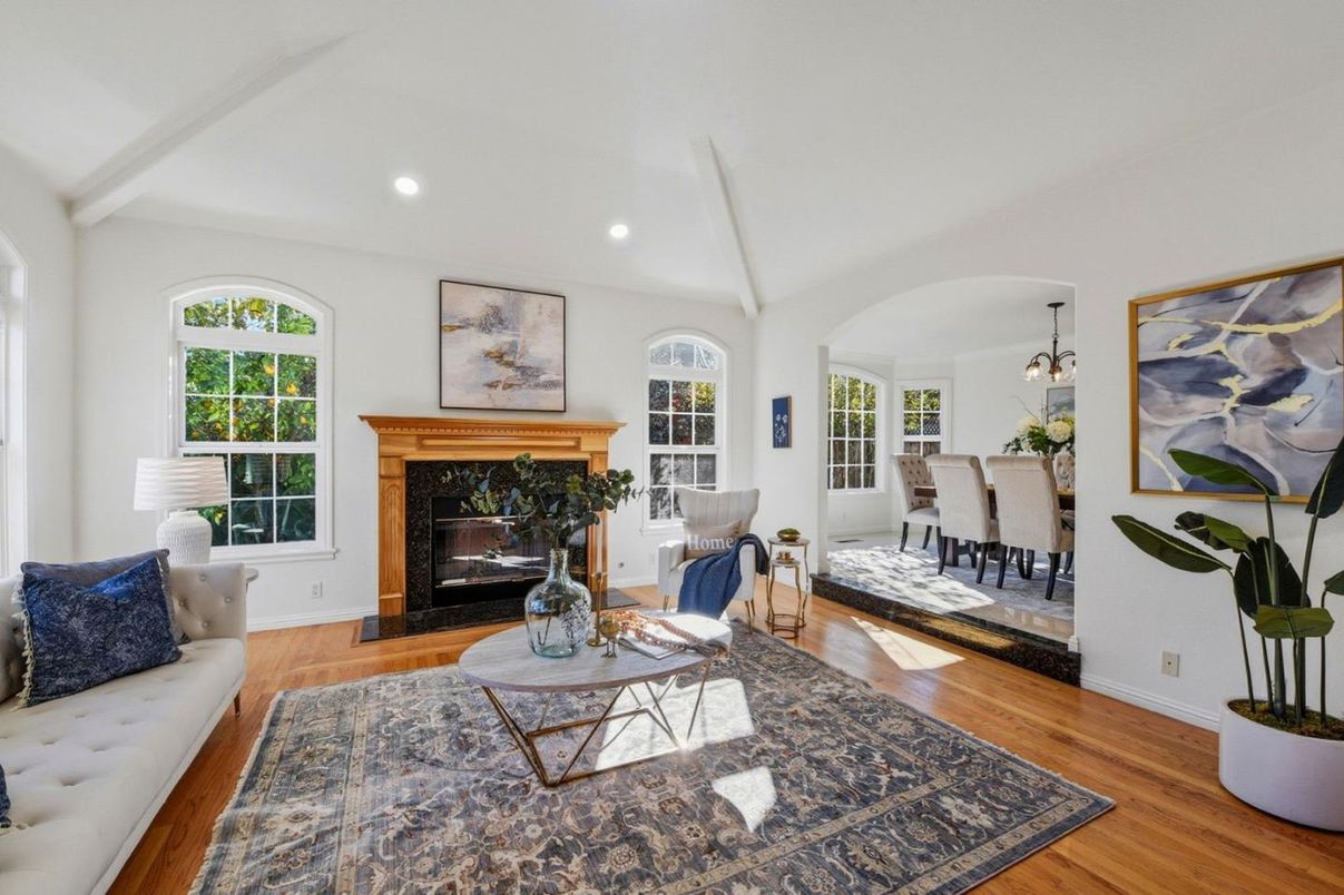Dining room, Fireplace, Interior, Living room, Pendant Lights, Recessed Lighting, Wood Texture Flooring
