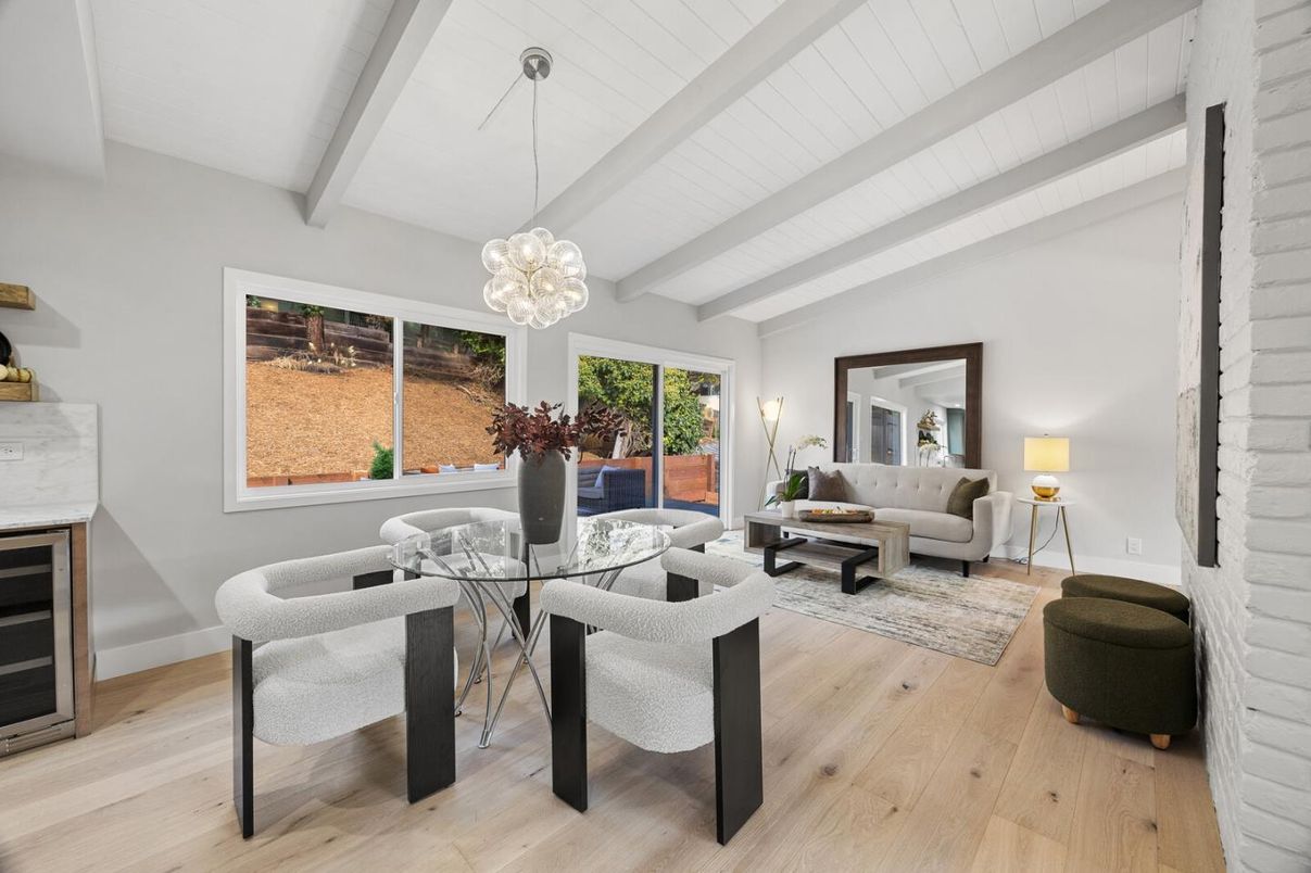 Dining room, Interior, Living room, Pendant Lights, Wood Texture Flooring