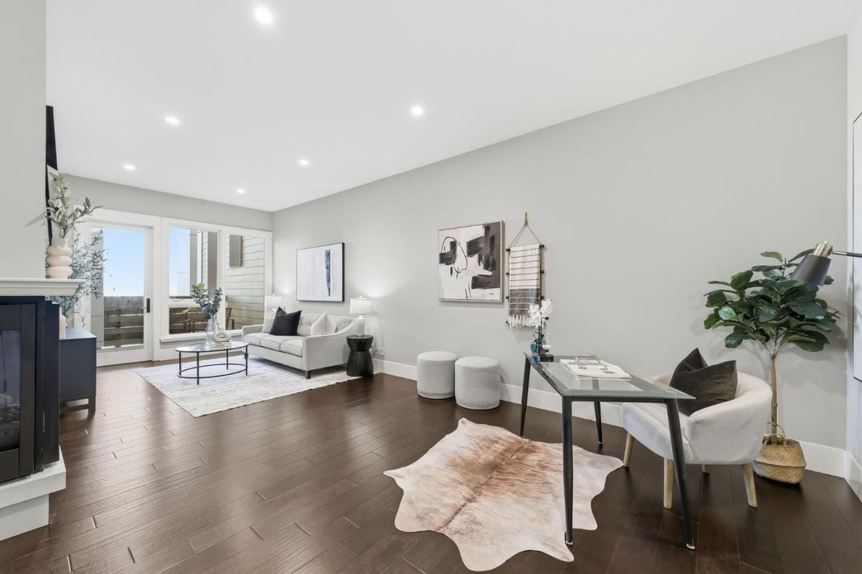 Fireplace, Home Office, Interior, Living room, Recessed Lighting, Wood Texture Flooring