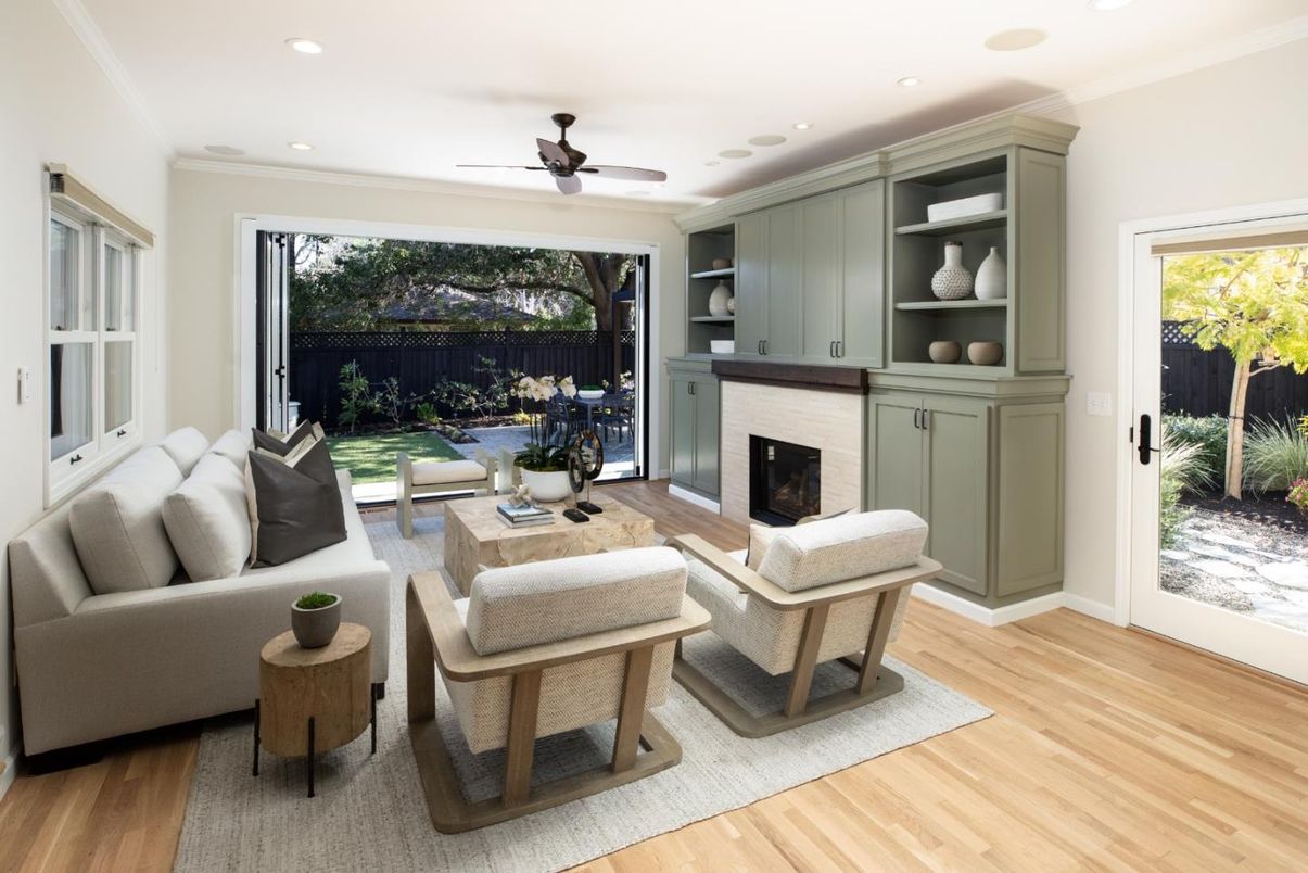 Fireplace, Interior, Living room, Recessed Lighting, Wood Texture Flooring