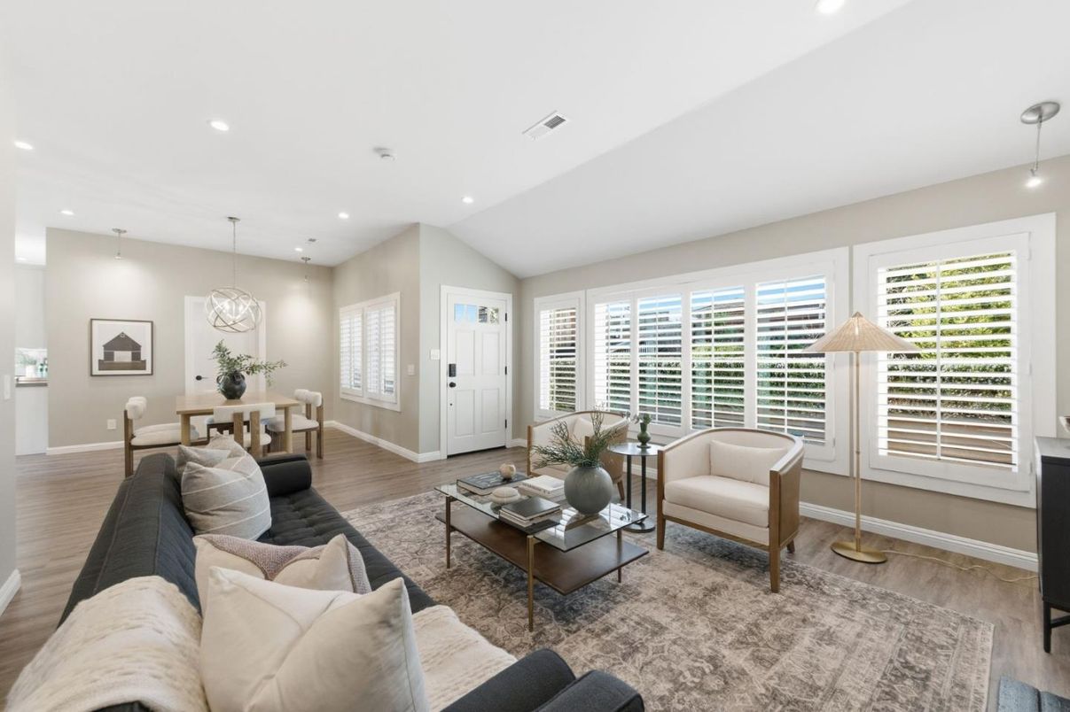 Dining room, Fireplace, Interior, Living room, Pendant Lights, Recessed Lighting, Wood Texture Flooring